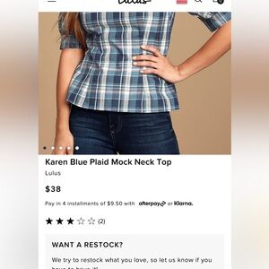 Karen Blue Plaid Mock Neck Top xs
